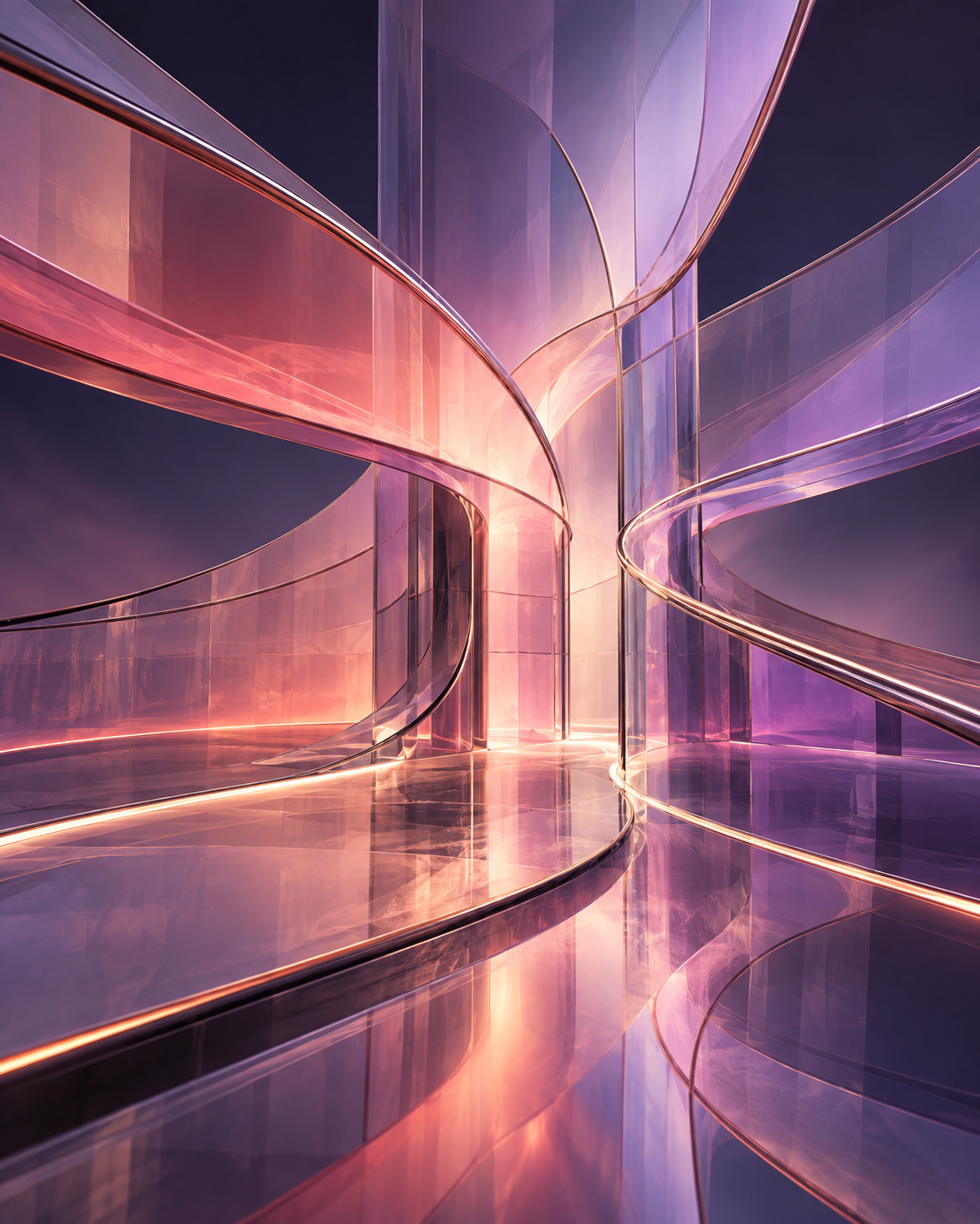 Abstract glass architecture in coral, pink and violet, with pathways converging toward a central opening