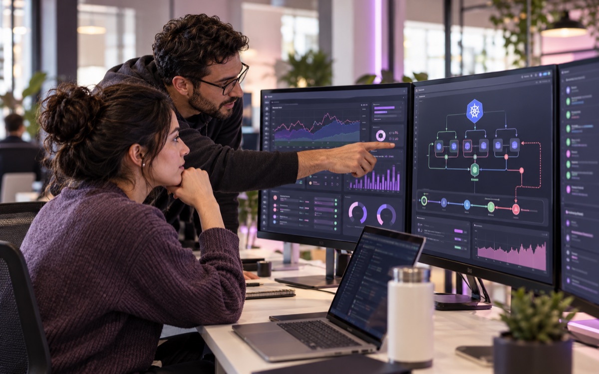 Platform engineers reviewing cloud deployment and monitoring dashboards