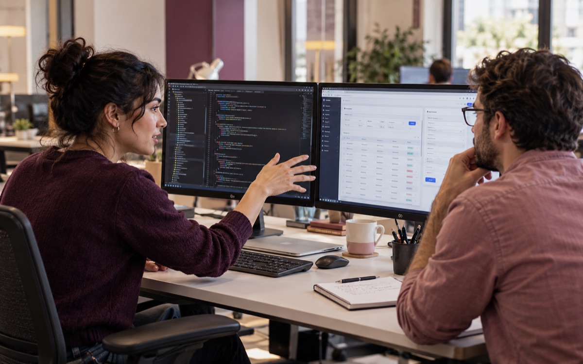 Engineers pairing on code and a working product interface